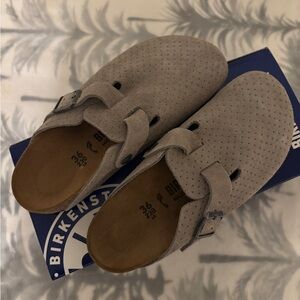 Birkenstock Taupe Suede Perforated Clogs